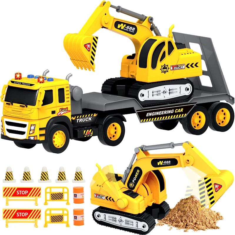 Photo 1 of Flatbed Truck w/Excavator Tractor - 1:12 Scale Large Size Toys - Push and Go Toy Trucks, Construction Trucks for Toddlers, Boys and Girls Kids Ages 3 4 5 Years Old, Friction Truck w/Lights & Sounds
