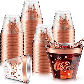 Photo 1 of 100 Pieces Cheers Plastic Cups 9 oz Clear Bachelorette Party Cups Clear Plastic Cocktail Tumbler with Gold Foil Plastic Cups for Wedding Bachelorette Party, New Years Eve, Birthday (Rose Gold Foil)
