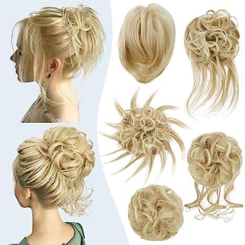 Photo 1 of HMD 5 Pieces Messy Hair Bun Hairpiece Tousled Updo for Women Hair Extension Ponytail Scrunchies with Elastic Rubber Band Long Updo Messy Hairpiece Hair Accessories Set for Women (Natural Blonde Mix Bleach Blonde)
