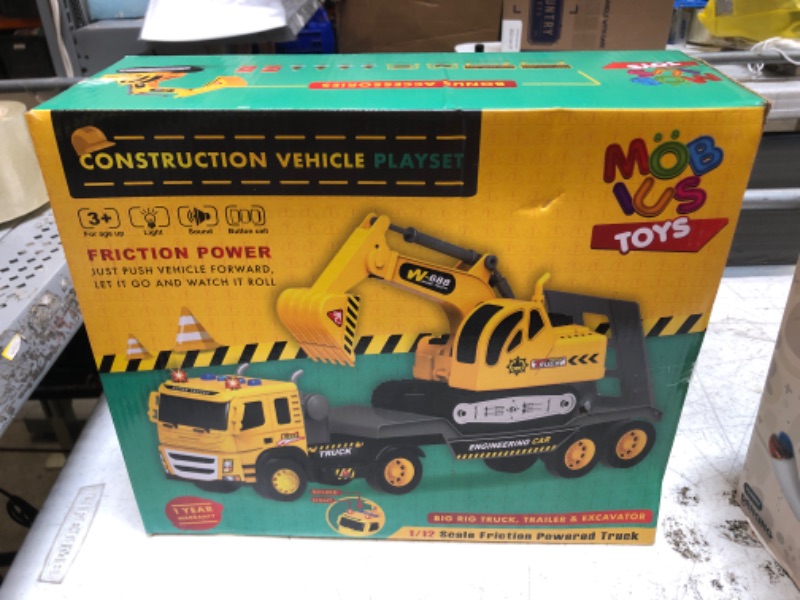 Photo 1 of Flatbed Truck w/Excavator Tractor - 1:12 Scale Large Size Toys - Push and Go Toy Trucks, Construction Trucks for Toddlers, Boys and Girls Kids Ages 3 4 5 Years Old, Friction Truck w/Lights & Sounds
