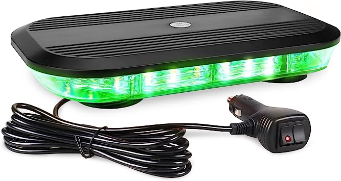 Photo 1 of Primelux Green Strobe Mini Light Bar - Low Profile, Water & Dust-Proof with 30 LED, 12/24V High-Intensity Flashing Lights, Magnetic Pod Base & Cigarette Lighter Plug - Ideal for Truck Emergency
