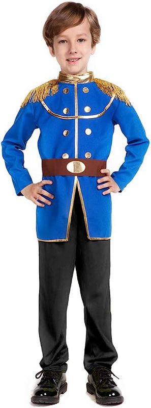Photo 1 of FREE BEAUTY Blue Boys Prince Charming Costume-Kids Halloween Christmas Party Cosplay Prince Costumes with Belt (SIZE M)
