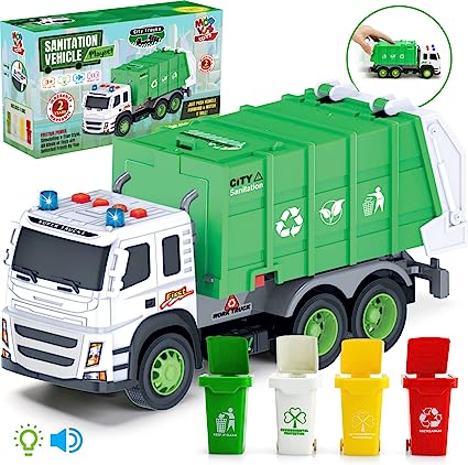 Photo 1 of MOBIUS Toys Garbage Truck Friction-Powered – 1:12 Scale Large Size Truck w/Sounds, Lights, Loader, 4 Trash Cans for Learning Waste Management Recycling Toy for Toddlers, Boys, Girls 3 4 5 Years Old
