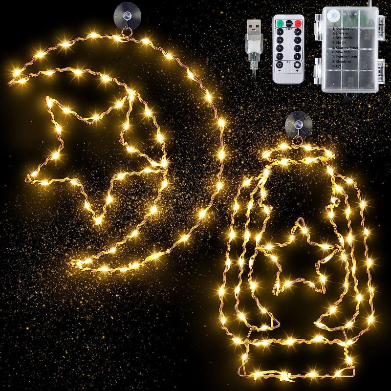 Photo 1 of 2 Pcs Ramadan Mubarak Decorations Window Light, 8 Modes Warm White Eid Mubarak Silhouette Light Powered by Battery and USB, Islamic Muslim Decor for Window Door Wall (Star Moon and Candle Lantern)
