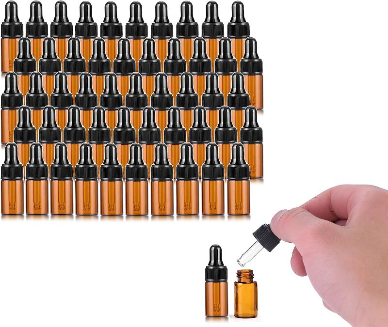 Photo 1 of 50 Pack,3ml Amber Glass Dropper Vial for Essential Oils,Empty Glass Eye Dropper Bottle With Black Screw Cap,Glass Liquid Pipette Travel Test Sample Perfume Vial-Transfer Pipette Included
