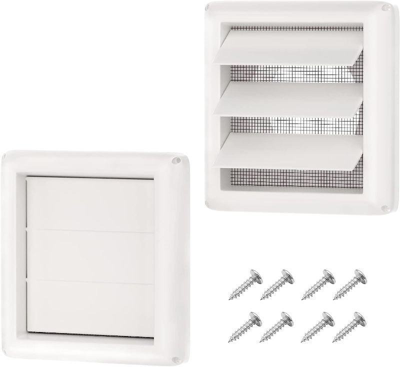 Photo 1 of 4 Inch Dryer Vent Covers, 2-Pack Outdoor Vent Covers with 8 Screws, Wall-mounted Plastic Louvered Vent with Mesh Screen for Dryer White (4 Inch, 2 Pcs)
