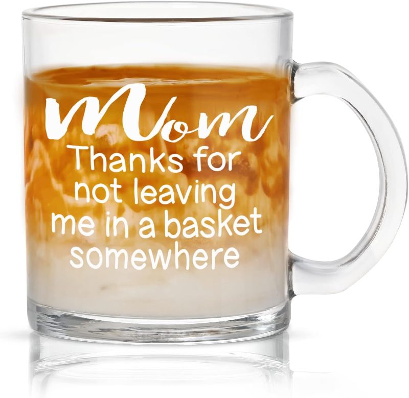 Photo 1 of DAZLUTE Novelty Clear Coffee Mugs , Mom Thanks for Not Leaving Me in A Basket? Funny Coffee Glass Mugs for Mom New Mom Pregnant Mom Her Wife, Mothers Day Christmas Birthday Gifts,11Oz
