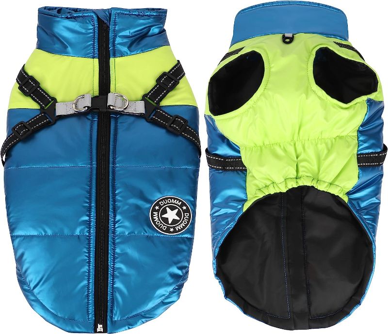 Photo 1 of Didog Dog Winter Coat, Waterproof Dog Warm Clothes with Harness & Double D Rings, Reflective Dog Jacket for Cold Weather,Windproof Snow Suit Vest for Medium Large Dogs,Blue&Green,Chest: 34"