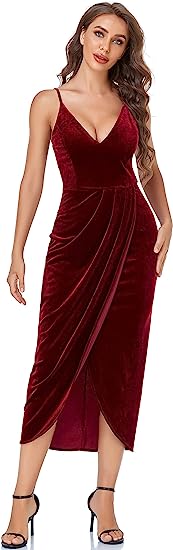 Photo 1 of Capuffy Women's Sexy V Neck Slit Velvet Cocktail Party Dresses Spaghetti Straps Velvet Wedding Guests Maxi Dress 72096 Large