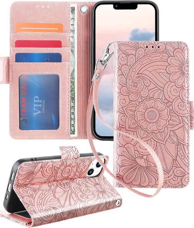 Photo 1 of Petocase for iPhone 13 Mini Wallet Case,Embossed Mandala Floral Leather Folio Flip Wristlet Shockproof Protective ID Credit Card Slots Holder Cover for iPhone 13 Mini 5.4 Rose Gold