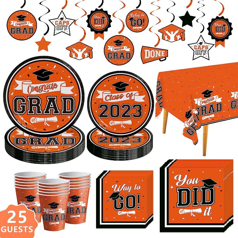 Photo 1 of DAZONGE Graduation Decorations Class of 2023, Disposable Graduation Tableware Kit for 25 Guests Includes Plates, Napkins, Cups, Tablecloth and Hanging Swirls, Orange and Black Graduation Party Decorations