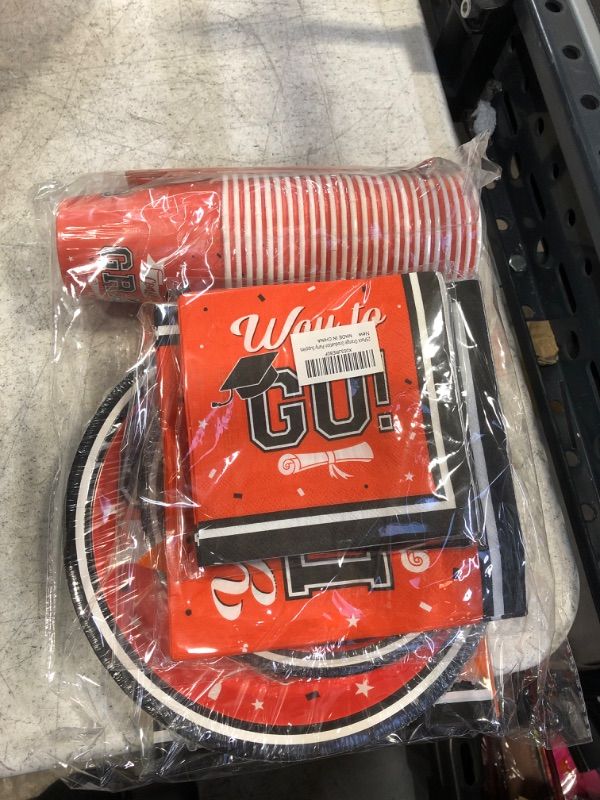 Photo 1 of DAZONGE Graduation Decorations Class of 2023, Disposable Graduation Tableware Kit for 25 Guests Includes Plates, Napkins, Cups, Tablecloth and Hanging Swirls, Orange and Black Graduation Party Decorations