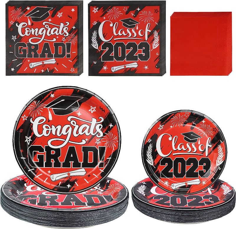 Photo 1 of 2023 Red Graduation Plates and Napkins Set Party Supplies for 50 Guest- 200pcs Class of 2023 Grad Party Tableware kit Include Dinner Plates Dessert Plates Napkins for Congrat Grad Party Decorations