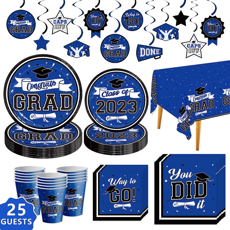 Photo 1 of DAZONGE Blue Graduation Decorations 2023, Graduation Party Supplies for 25 Guests, Disposable Graduation Party Decorations Tableware Set, Plates, Napkins, Cups, Tablecloth with Congrats Grad Hanging Swirls