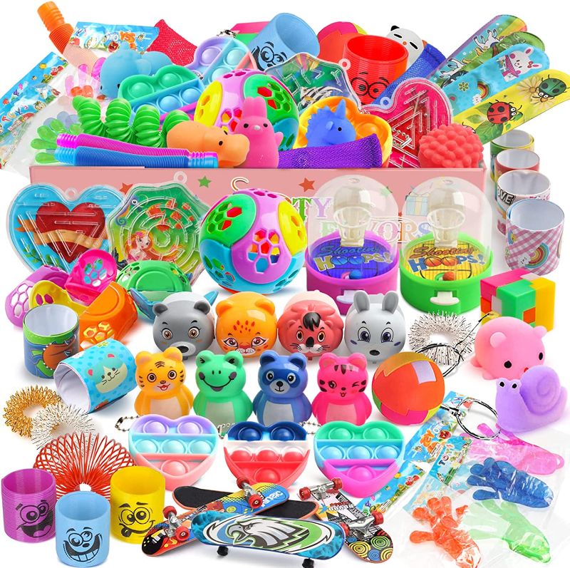 Photo 1 of 63 Pcs Party Favors Treasure Box Toys for Kids 8-12, Pinata Filler Goodie Bag Stuffers for Carnival Prizes Classroom Rewards Birthday Party, Bulk Small Toys Include Squishy Toys, Pop Tube, Fidget Toys