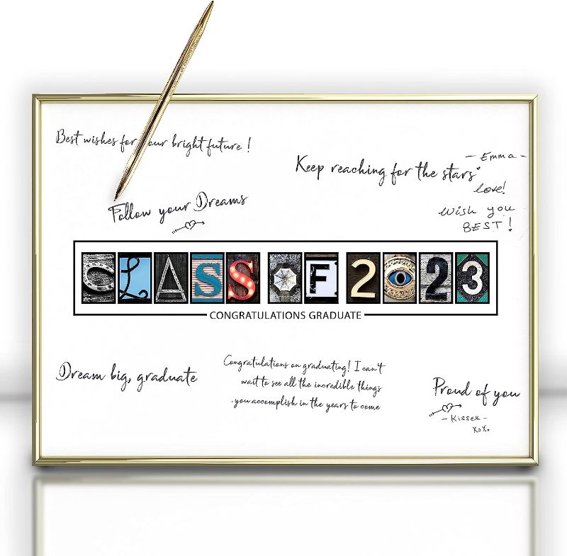 Photo 1 of Framed Class of 2023 Graduation Party Decorations 12"X16" Gold- Guest Book Alternative - Gold Pen Included, Table Centerpiece Sign Poster Ready to Hang & Stand - Signature Board Gift for Him & He