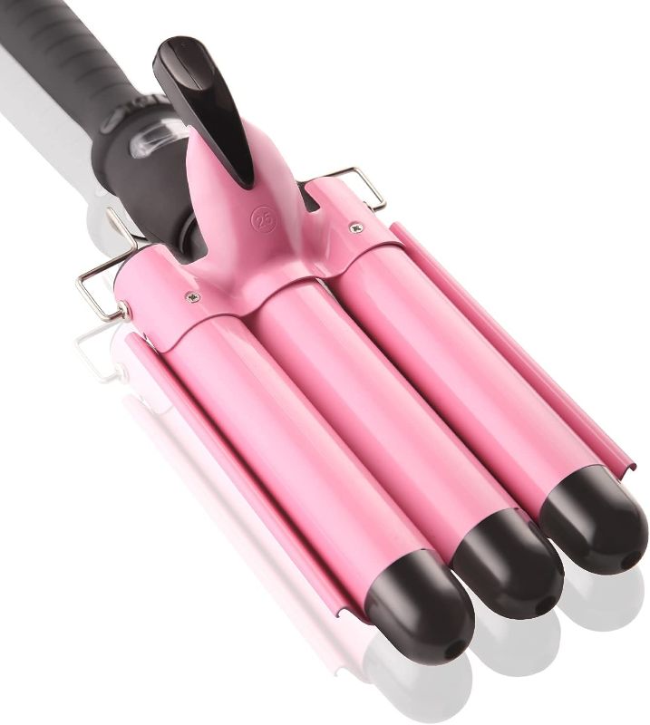 Photo 1 of 3 Barrel Curling Iron Wand Dual Voltage Hair Crimper with LCD Temp Display - 1 Inch Ceramic Tourmaline Triple Barrels, Temperature Adjustable Portable Hair Waver Heats Up Quickly (Pink)
