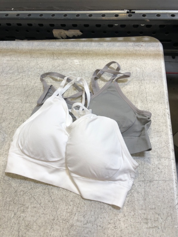 Photo 1 of AKAMC Women's Removable Padded Strappy Sports Bra Yoga Tops Activewear for Women GREY AND WHITE ( SIZE: LARGE ) 