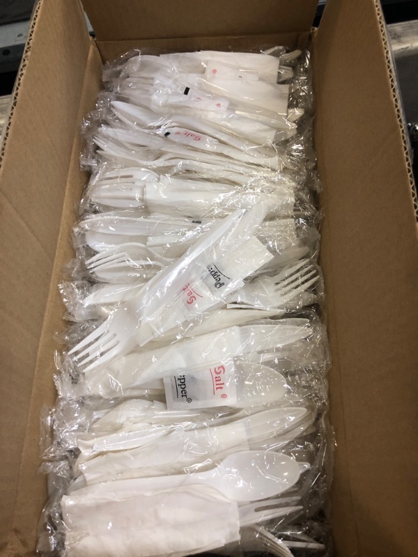 Photo 2 of 250 Plastic Cutlery Packets - Knife Fork Spoon Napkin Salt Pepper Sets | White Plastic Silverware Sets Individually Wrapped Cutlery Kits, Bulk Plastic Utensil Cutlery Set Disposable To Go Silverware