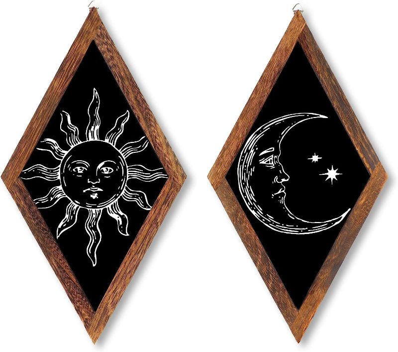 Photo 1 of 4 Pieces Farmhouse Home Wall Decor Rustic Boho Diamond Wood Sign Sun and Moon Wall Decor Wooden Sun Wall Decor Framed Moon Phases Wall Art with Hanging Hook for Apartment Bedroom Living Room
