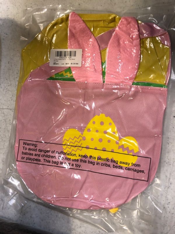 Photo 2 of 3 Pcs Easter Bunny Baskets, Cute Easter Canvas Jute Bags with Ears Stand Up, Easter Burlap Bunny Ear Tote Bags for Kids Gift Egg Hunting Candy (Pink, Green, Blue)
