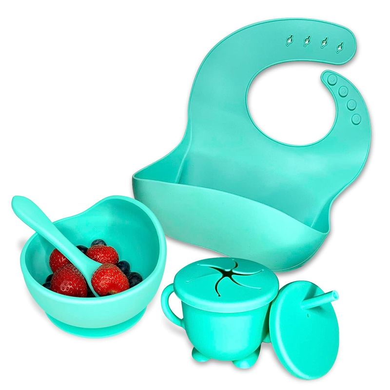 Photo 1 of Baby Silicone Feeding Set-Silicone Bowl,Bib,Spoon,Cup With Snack & Sippy Lids-Self Feeding Baby-Eating Feeding Supplies-Baby Led Weaning Utensils-Baby Snack Cups -Dishwasher Safe- 6+ Months
