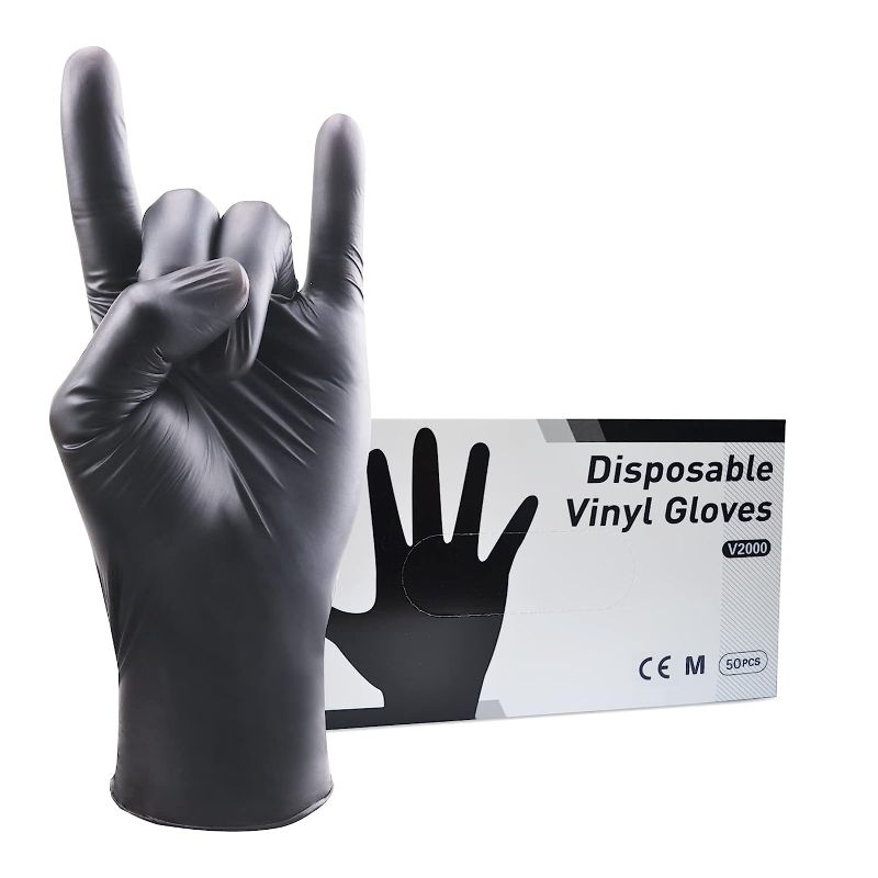 Photo 1 of  2 PACKS OF Black Vinyl Disposable Gloves MEDIUM  50 Pack 3 Mil Powder Latex Free Disposable Exam Gloves Home Cleaning and Food Gloves AND Disposable Vinyl Exam Gloves Large Latex Free & Powder Free 50 Pack 3 Mil Vinyl Exam Gloves for Cleaning and Food Se