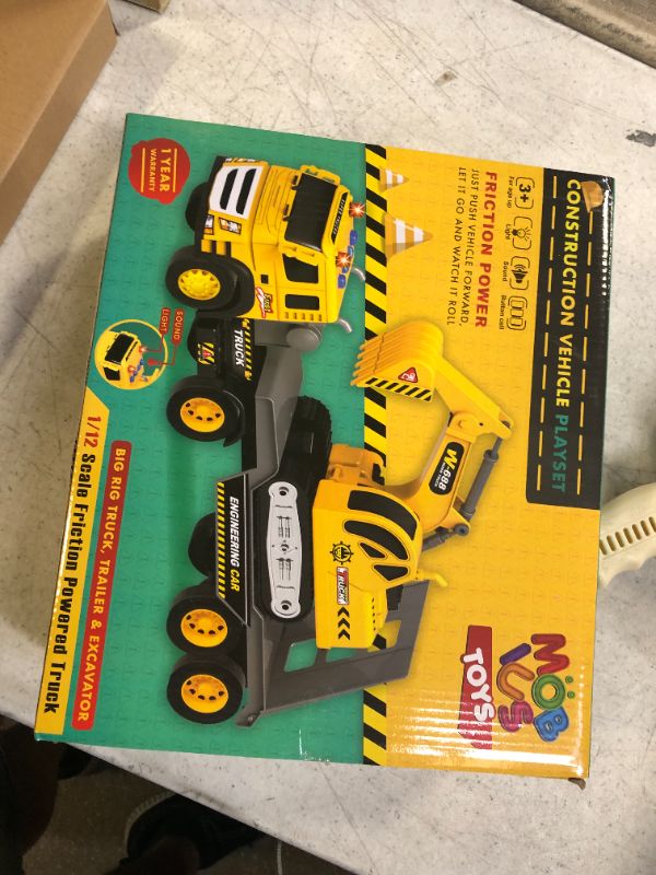 Photo 3 of Flatbed Truck w/Excavator Tractor - 1:12 Scale Large Size Toys - Push and Go Toy Trucks, Construction Trucks for Toddlers, Boys and Girls Kids Ages 3 4 5 Years Old, Friction Truck w/Lights & Sounds
