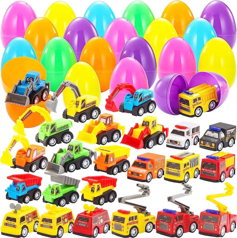 Photo 1 of JOYIN 24 Pcs Filled Easter Eggs with Pull Back Construction Cars, Prefilled Easter Egg with Vehicle for Kid Boys Easter Eggs Hunt, Easter Basket Stuffers/Fillers, Party Favor, Classroom Prize Supplies
