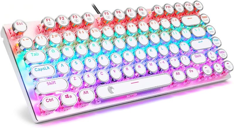 Photo 1 of HUO JI E-Yooso Z-88 Typewriter Mechanical Keyboard, Rainbow LED Backlit, Vintage Retro Style with Blue Switches, Compact 81 Keys for PC, Mac, White
