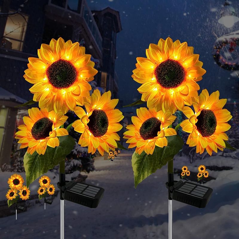Photo 1 of 2 Pack Sunflower Solar Lights Outdoor Decor with 3 LED Sunflower Yellow Flower Lights Decorative Waterproof for Patio Lawn Garden Yard Pathway Decoration
