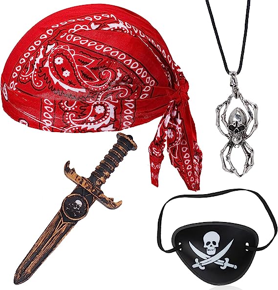 Photo 1 of Aichiyu Halloween Pirate Costume Women Men Kids Pirate Head Scarf Hat Accessorie Necklace Eye Patch Plastic Sword
