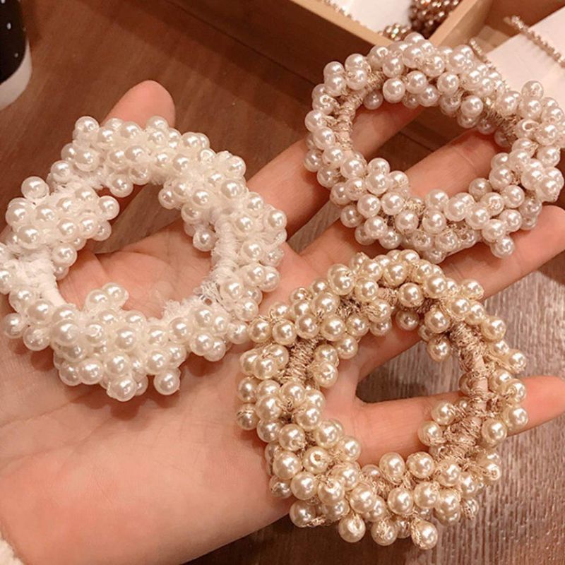 Photo 1 of Bartosi Pearl Hair Ties White Weave Hair Scrunchies Stretch Hair Rope Accessories for Women and Girls (Pack of 3)
