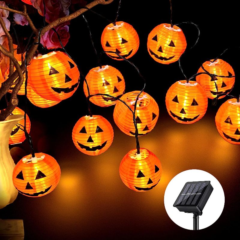 Photo 1 of Halloween Lights, Solar 40 LED Halloween Lantern Lights with 8 Modes, 3D Lantern Orange Lights for Halloween Decorations Indoor Outdoor
