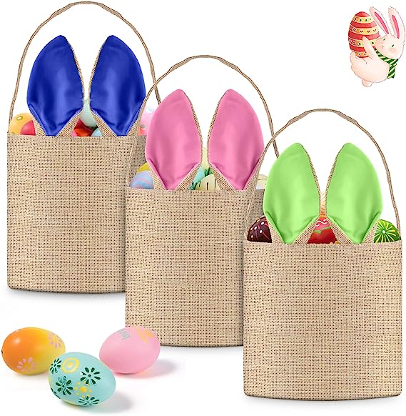 Photo 1 of 3 Pcs Easter Bunny Baskets, Cute Easter Canvas Jute Bags with Ears Stand Up, Easter Burlap Bunny Ear Tote Bags for Kids Gift Egg Hunting Candy (Pink, Green, Blue)
