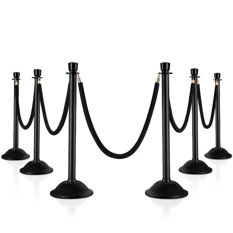 Photo 1 of  Plastic Stanchions with Velvet Rope, 6pcs Stanchion Set, Lightweight Crowd Control Stanchion with 5ft Velvet Rope, Black Delineator Post with w/Sturdy Base, Easy Connect Assembly (Black Rope)