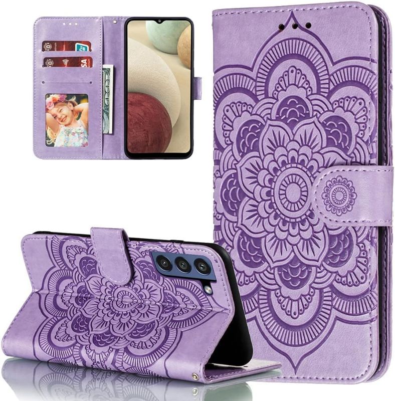 Photo 1 of EYZUTAK Mandala Case for Samsung Galaxy A14 5G, Premium Leather Flip Wallet Card Slots Magnetic Stand Protective Ultra Slim Shockproof Case with Lanyard, Embossed Flip Cover - Purple
