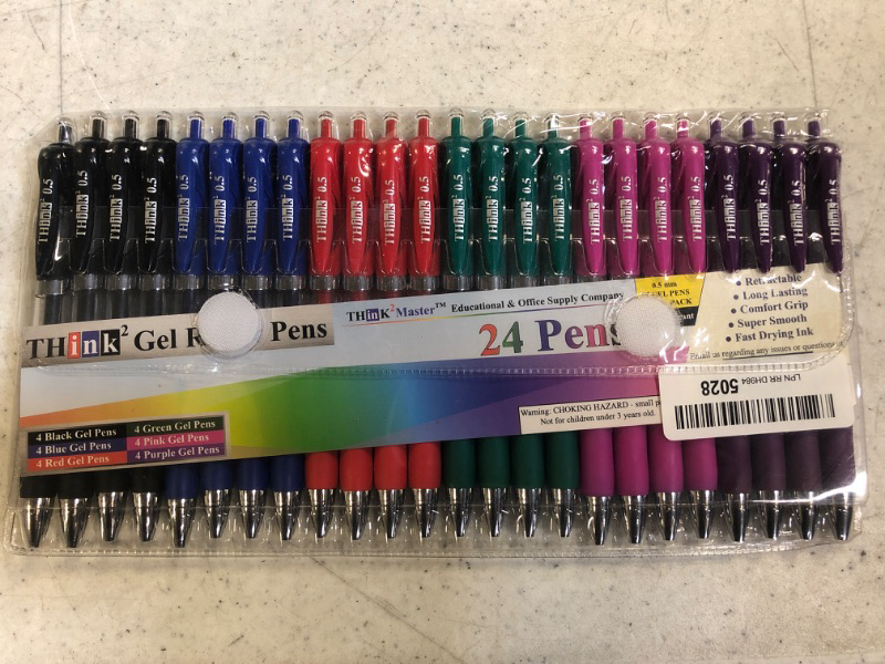 Photo 2 of [24 Pens - 4Black, 4Blue, 4 Red, 4 Green, 4 Pink, 4Purple Ink] Think2 Retractable Gel Pens. Assorted Colors Fine Point (0.5mm) Rollerball Pens with Comfort Grip. Black, Red, Blue, Green, Pink & Purple 1 Count (Pack of 24)