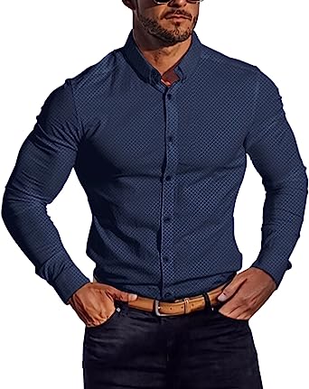 Photo 1 of BORBOON Mens Long Sleeve Dress Shirt Stylish Plaid Texture Slim Fit Shirt Business Casual Button Up Shirts PURPLE
SIZE- M