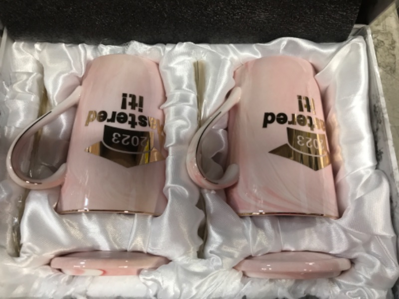 Photo 2 of 2 Pieces Graduation Coffee Mug 2023 Class of 2023 Graduation Marble Coffee Mug for Mastered Degree High School College Students 14 oz Marble Mug with Box (Grey, Pink, Classic Style) Classic Style Grey, Pink