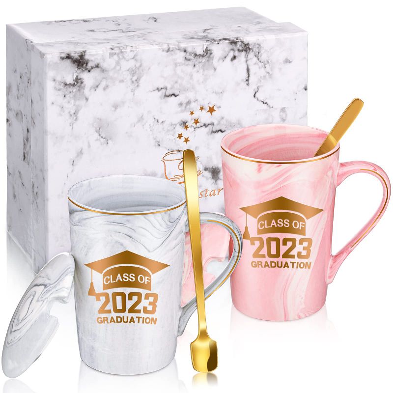 Photo 1 of 2 Pieces Graduation Coffee Mug 2023 Class of 2023 Graduation Marble Coffee Mug for Mastered Degree High School College Students 14 oz Marble Mug with Box (Grey, Pink, Classic Style) Classic Style Grey, Pink