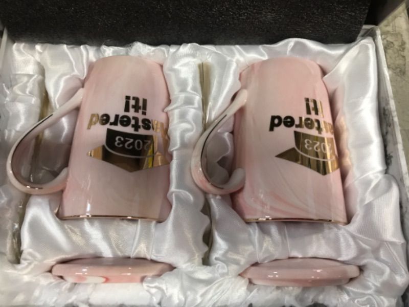 Photo 2 of 2 Pieces Graduation Coffee Mug 2023 Class of 2023 Graduation Marble Coffee Mug for Mastered Degree High School College Students 14 oz Marble Mug with Box (Grey, Pink, Classic Style) Classic Style Grey, Pink