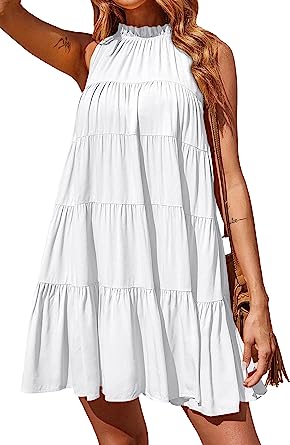 Photo 1 of Okiwam Women Summer Casual 2023 Sleeveless Halter Dress Ruffle Flowy Boho Sun Dress Loose Swing Pleated Cocktail Mini Dress
