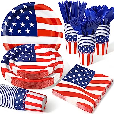 Photo 1 of 170 pcs American Flag Themed Tableware Set?Patriotic Plates and Napkins Party Supplies,-July 4th Plates Cup Napkin Tablecloth,for 4th of July Celebration,Patriotic Party Decoration,Memorial Day (Serves 24? https://a.co/d/2hv4Uth