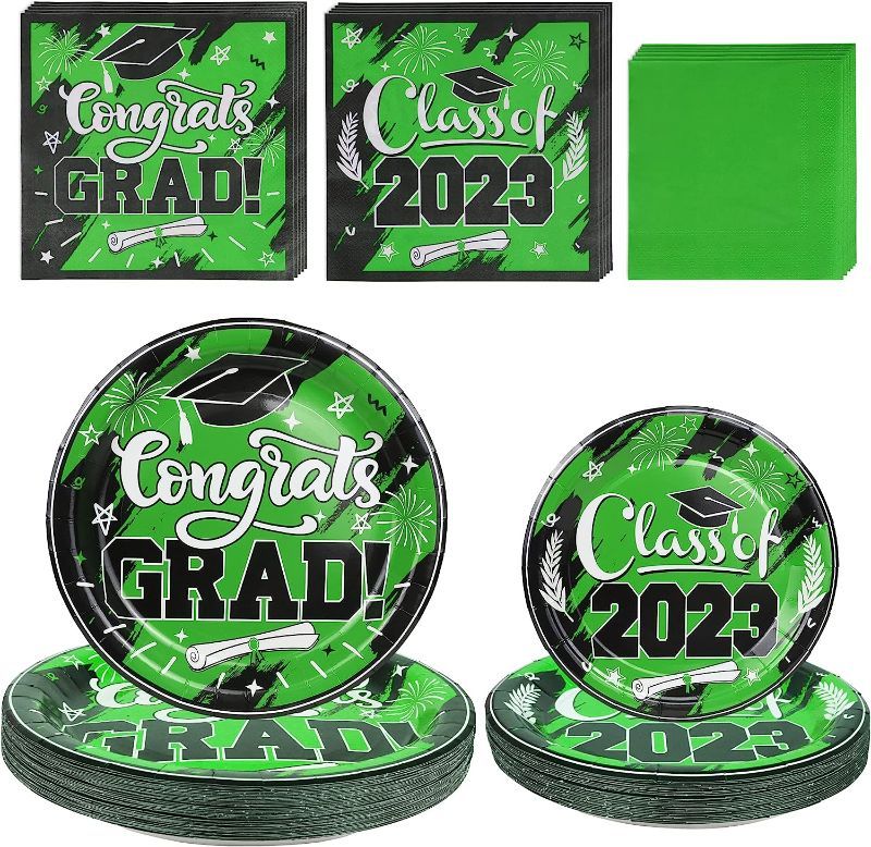 Photo 1 of 2023 Green Graduation Plates and Napkins Set Party Supplies for 50 Guest- 200pcs Class of 2023 Grad Party Tableware kit Include Dinner Plates Dessert Plates Napkins for Congrat Grad Party Decorations
