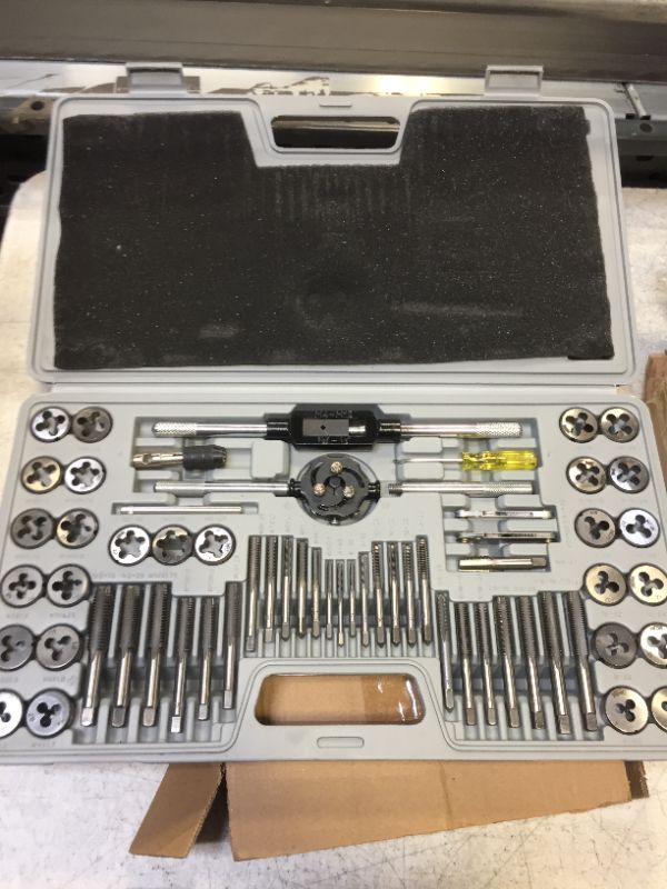 Photo 2 of 60-Pc Master Tap and Die Set - Include SAE Inch Size #4 to 1/2” and Metric Size M3 to M12, Coarse and Fine Threads | Essential Threading Rethreading Tool Kit with Complete Accessories and Storage Case

