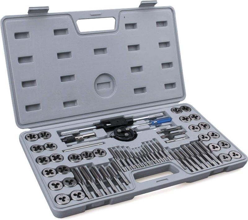 Photo 1 of 60-Pc Master Tap and Die Set - Include SAE Inch Size #4 to 1/2” and Metric Size M3 to M12, Coarse and Fine Threads | Essential Threading Rethreading Tool Kit with Complete Accessories and Storage Case
