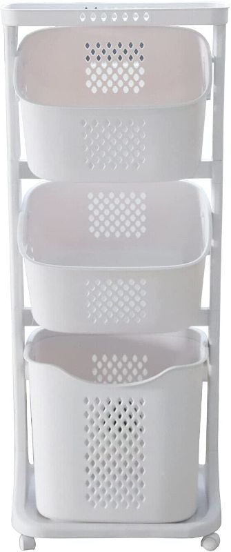 Photo 1 of 3 Tiers Laundry Basket Plastic Clothes Hamper Movable Clothes Hamper Bathroom Hampers for Laundry Rolling Cart Household Clothes Storage Basket Laundry Hamper Storage Shelf Kitchen Shelf Fruit Stand
