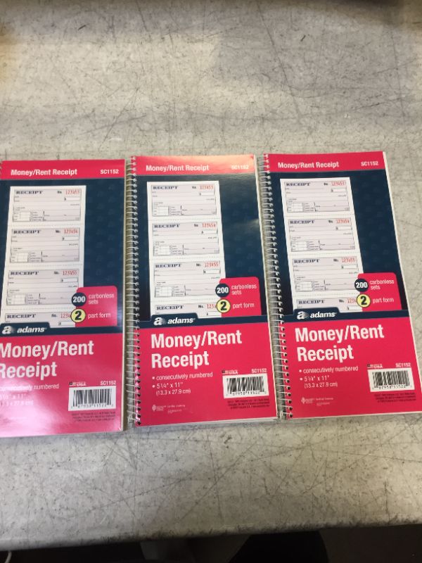 Photo 2 of Adams Money and Rent Receipt Book, 2-Part Carbonless, 5-1/4" x 11", Spiral Bound, 200 Sets per Book, 4 Receipts per Page (SC1152)- 3 PACK 
