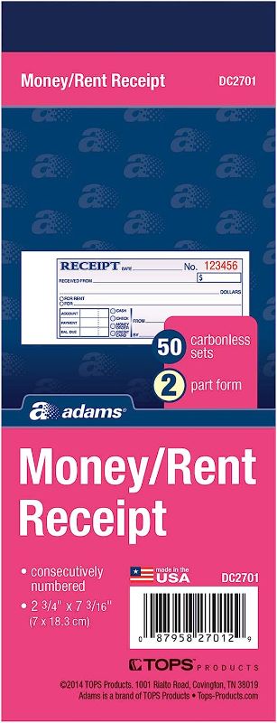 Photo 1 of Adams Money and Rent Receipt Book, 2-Part, Carbonless, 2.75 x 7.19 Inch, 50 Sets, White and Canary (DC2701)
